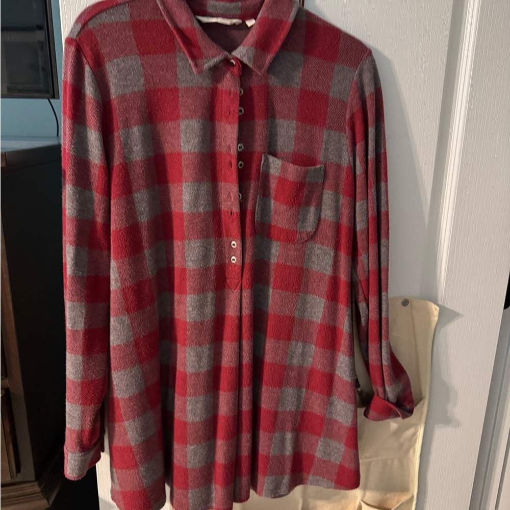 Soft Surroundings Red and Gray Plaid Button-Up Flannel Shirt